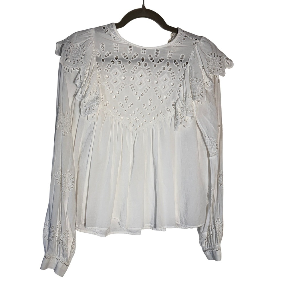 HM Eyelet Ruffle Blouse Womens Size 2 White Long Sleeve Cotton Boho Cottagecore